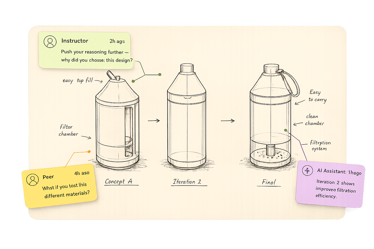 Feedback loop mockup with instructor, peer, and AI comments